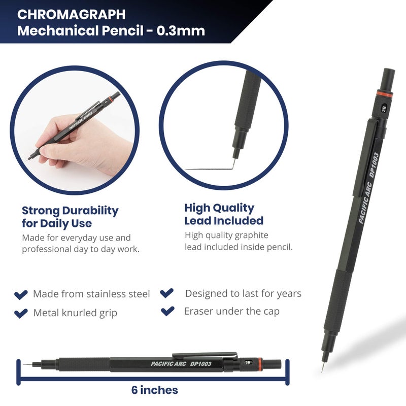 Pacific Arc Chromagraph Metal Mechanical Pencil .3 mm Black Barrel Mechanical Pencil with Built In Lead Pencil Grade Indicator, Lead Pencil Holder for Drafting, Sketching, and Drawing - Image 2